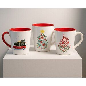Christmas Ceramic Mug Set Red Interior Holiday Coffee Cups Joy Tree Car Design